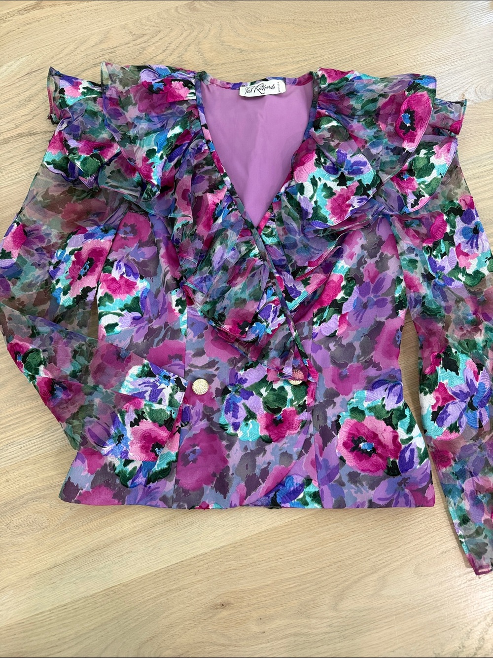 VTG 70s 80s Pat Richards Floral Ruffle Chiffon Blouse Jacket ILGWU Size 6